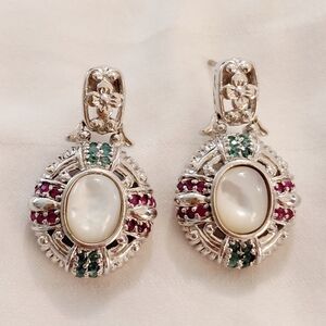 Vintage 9.25 Silver Ornate Post Back Earrings Moonstone Rubies/Emeralds
